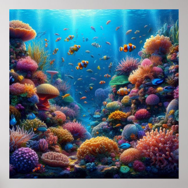 Vibrant Coral Reef with Vivid Clownfish Poster (Front)