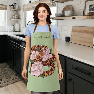 Vibrant Corn Snake Pink Peony Flowers Green Apron