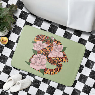 Vibrant Corn Snake Pink Peony Flowers Green Bath Mat