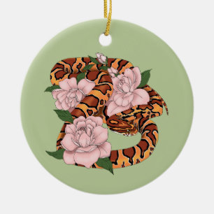 Vibrant Corn Snake Pink Peony Flowers Green Ceramic Ornament