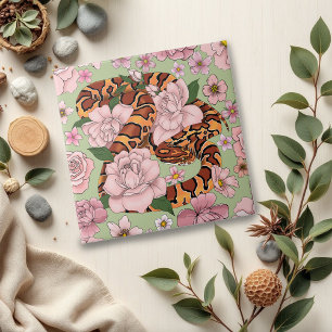 Vibrant Corn Snake Pink Peony Flowers Green Ceramic Tile