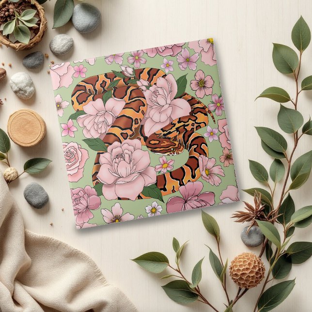 Vibrant Corn Snake Pink Peony Flowers Green Ceramic Tile (Creator Uploaded)