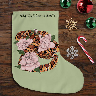 Vibrant Corn Snake Pink Peony Flowers Green Large Christmas Stocking