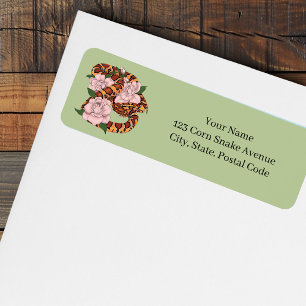 Vibrant Corn Snake Pink Peony Flowers Green Return Address Label