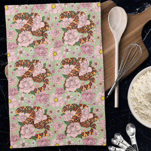 Vibrant Corn Snake Pink Peony Flowers Green Tea Towel