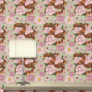 Vibrant Corn Snake Pink Peony Flowers Green Wallpaper