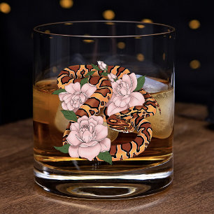 Vibrant Corn Snake Pink Peony Flowers Green Whiskey Glass