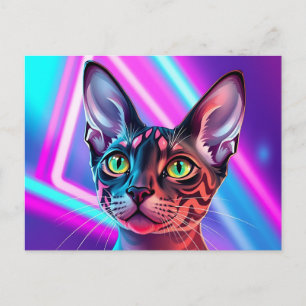 Vibrant Cornish Rex Portrait with Futuristic Neon Postcard
