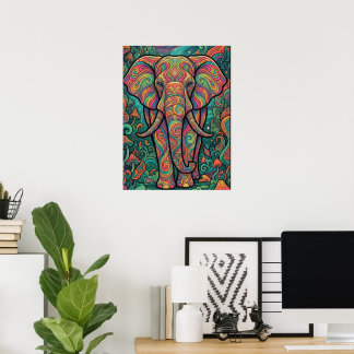 Vibrant Cosmic Elephant Mosaic Abstract Psychedeli Poster