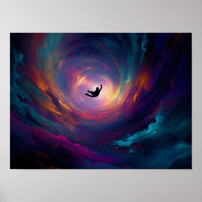 Vibrant Cosmic Vortex with Falling Silhouette Art Poster (Front)