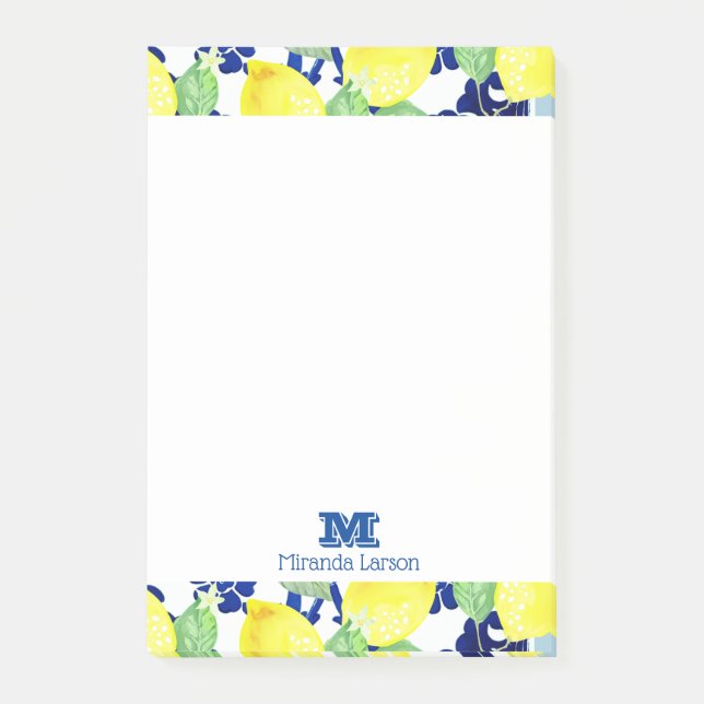 Vibrant Country Lemons & Blue Floral | Monogram Post-it Notes (Front)