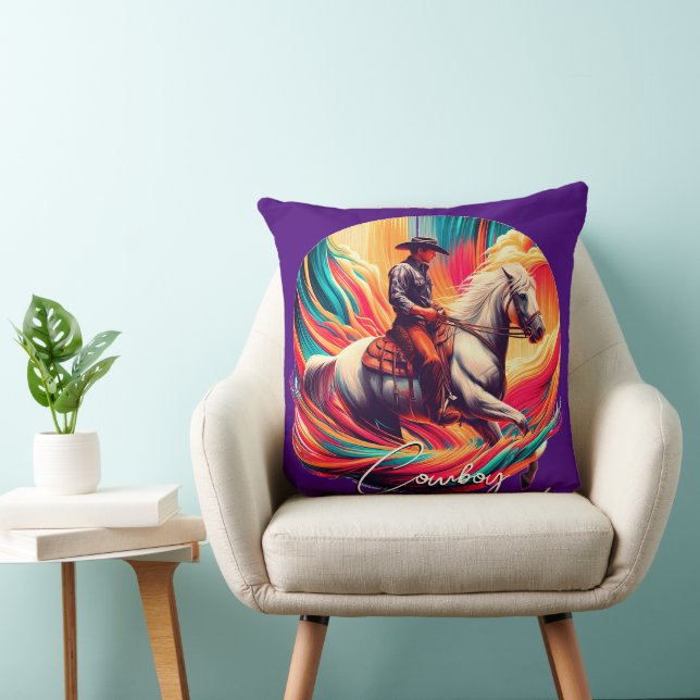 Vibrant Cowboy and Horse Purple Cushion (Chair)