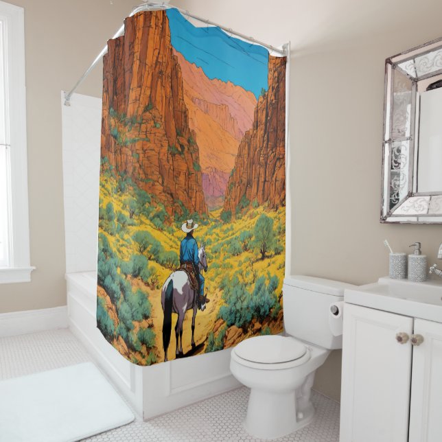 Vibrant Cowboy in Sierra | Tintin Comic Style Shower Curtain (In Situ)