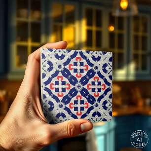 Vibrant Cross Mosaic in Navy Blue, Red and Grey Ceramic Tile