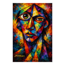 Vibrant Cubist Face Abstract Modern Art Poster