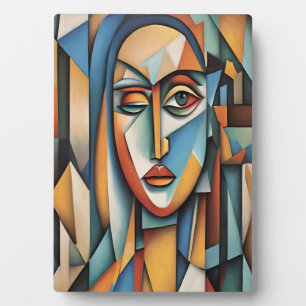 Vibrant Cubist Portrait Abstract Geometric Art Plaque