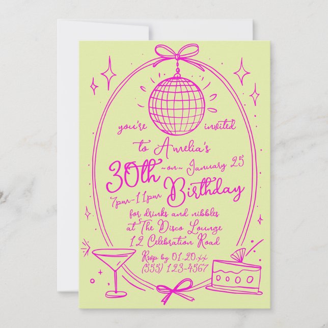 Vibrant Custom 30th Birthday Disco Hand Drawn Invitation (Front)