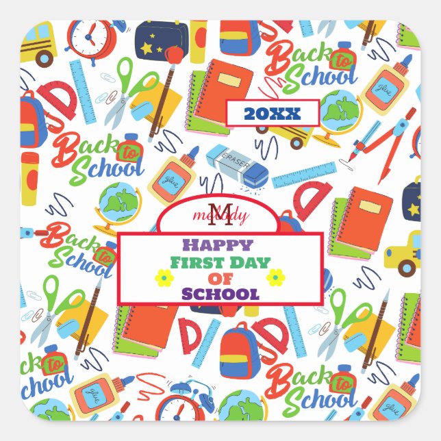 Vibrant Customisable Back to School Pattern Classi Square Sticker (Front)