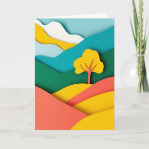 Vibrant Cut-Paper Mountain Tree Card