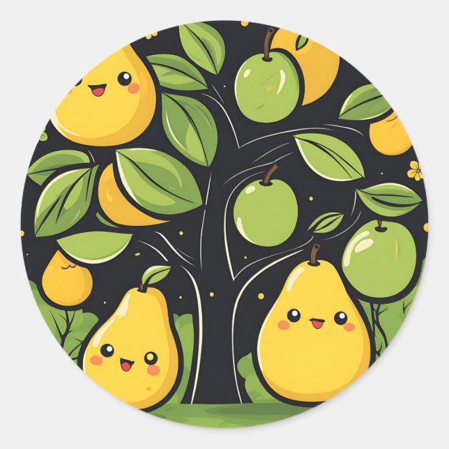 Vibrant Cute Pear Fruit And Tree Classic Round Sticker (Front)