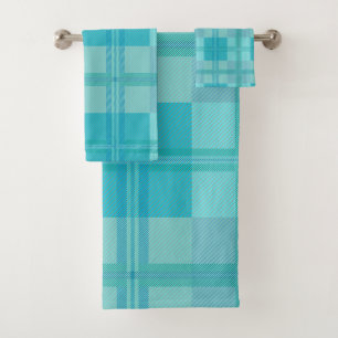 Vibrant Cyan Electric Blue Plaid Aesthetic Bath Towel Set
