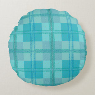 Vibrant Cyan Electric Blue Plaid Aesthetic Round Cushion