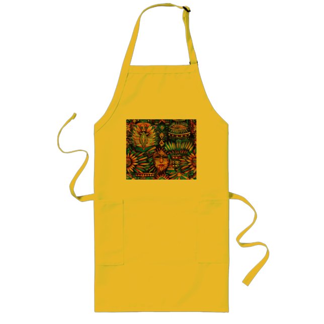 Vibrant Cyan "Pre-Columbian Tapestry" Kitchen Apro Long Apron (Front)