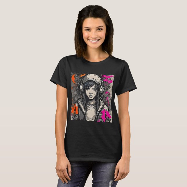 Vibrant Cyber 2K Urban Emo Girl with Headphones T-Shirt (Front Full)