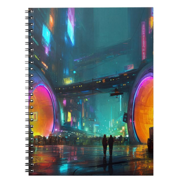 Vibrant Cyberpunk Cityscape with Arches Notebook (Front)