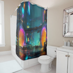 Vibrant Cyberpunk Cityscape with Arches Shower Curtain