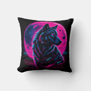 Vibrant Cyberpunk Neon Wolf Cushion