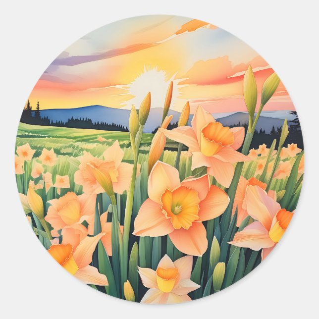 Vibrant Daffodil Meadow Classic Round Sticker (Front)