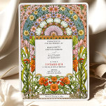 Vibrant Daisy & Orange Blossom Art Nouveau Wedding Invitation<br><div class="desc">This stunning Art Nouveau wedding invitation showcases a colourful floral arch filled with vibrant orange blossoms, delicate white daisies, soft pink cosmos, and light blue forget-me-nots. Ornate botanical details and golden accents frame the text area, creating a harmonious blend of nature-inspired elegance and vintage charm. The symmetrical layout and intricate...</div>