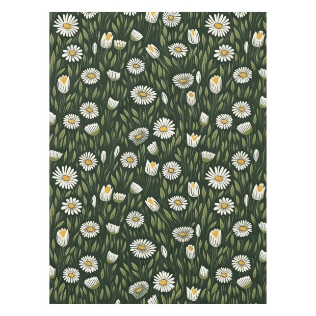 Vibrant Daisy Pattern with Lush Green Accents Tablecloth (Front)