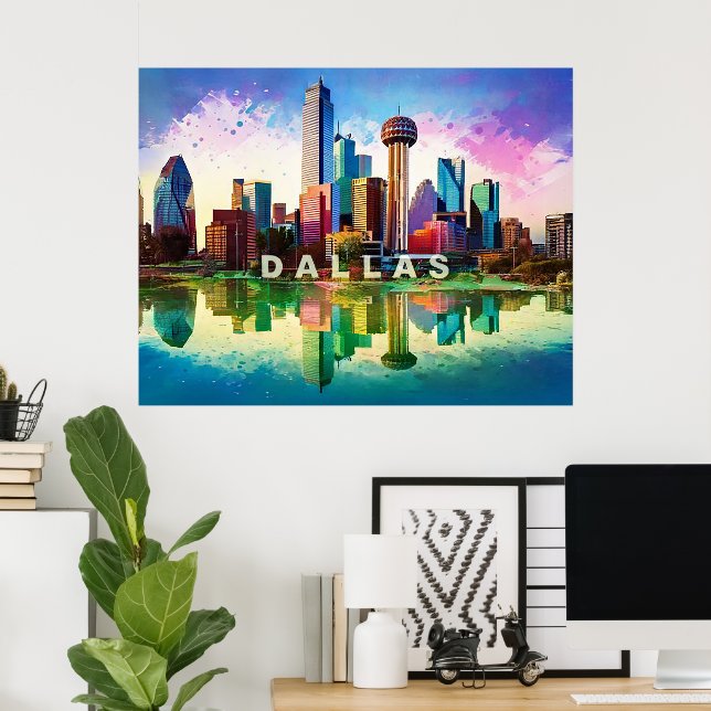 Vibrant Dallas Skyline Graffiti Art Poster (Home Office)