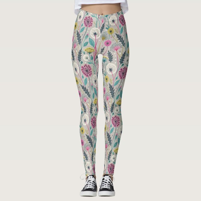 Vibrant Dandelion and Foliage Seamless Pattern Leggings (Front)