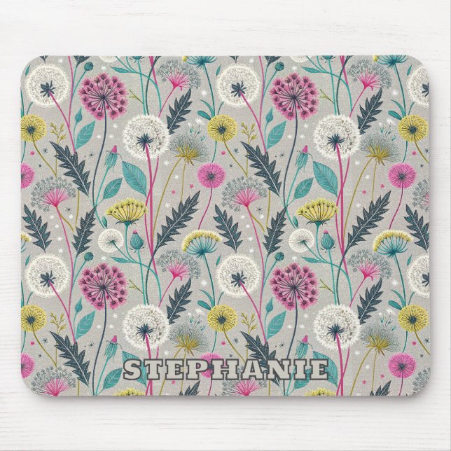 Vibrant Dandelion and Foliage Seamless Pattern Mouse Pad (Front)