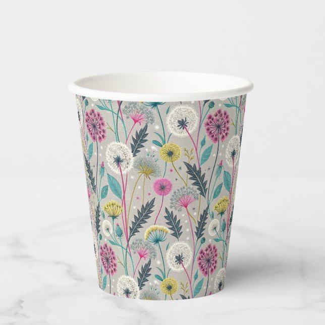 Vibrant Dandelion and Foliage Seamless Pattern Paper Cups (Front)