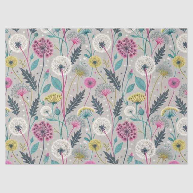 Vibrant Dandelion and Foliage Seamless Pattern Tissue Paper (Front)