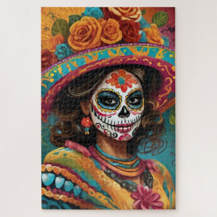 Vibrant Day of the Dead Woman in Skull Makeup Jigsaw Puzzle