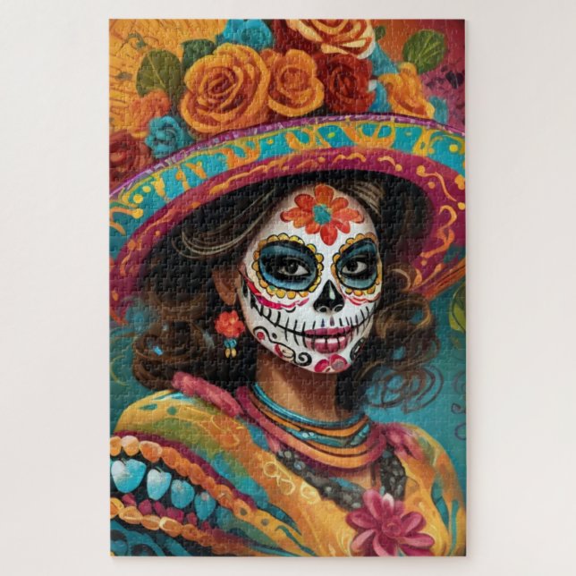 Vibrant Day of the Dead Woman in Skull Makeup Jigsaw Puzzle (Vertical)