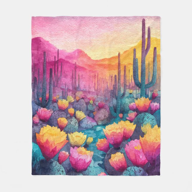 Vibrant Desert Sunset Cactus Bloom Blanket (Front)