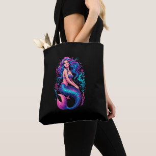 Vibrant Digital Art of Purple-Haired Mermaid on Co Tote Bag