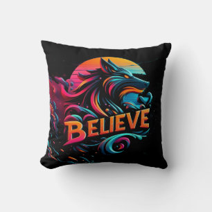 Vibrant Digital Artwork Featuring a Stylised Wolf  Cushion