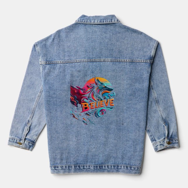 Vibrant Digital Artwork Featuring a Stylised Wolf  Denim Jacket (Back)