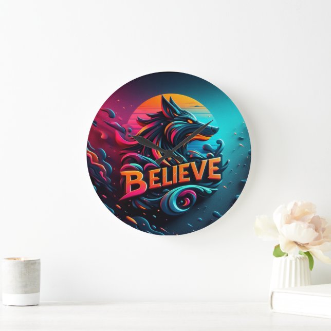 Vibrant Digital Artwork Featuring a Stylised Wolf  Large Clock (Home)