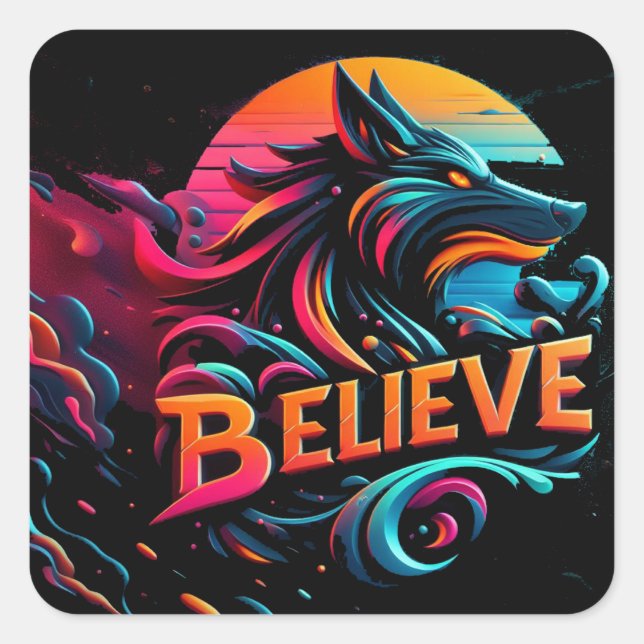 Vibrant Digital Artwork Featuring a Stylised Wolf  Square Sticker (Front)
