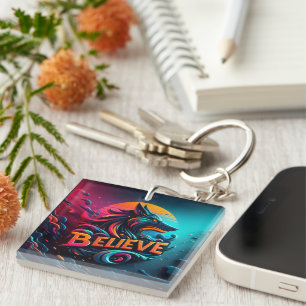 Vibrant Digital Artwork Featuring a Stylized Wolf  Key Ring