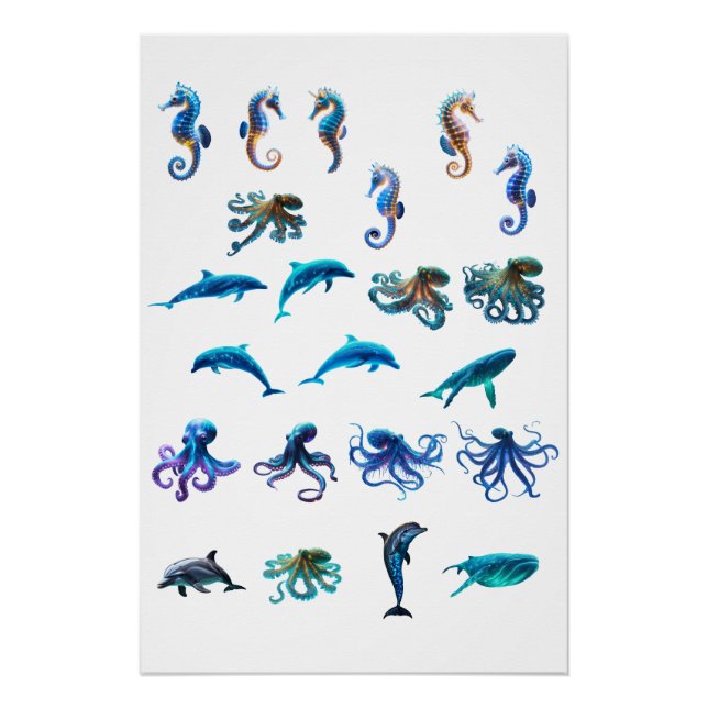 Vibrant Digital Collage of Sea Creatures in a Colo Poster (Front)