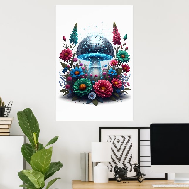 Vibrant Digital Disco Ball Mushroom Poster (Home Office)